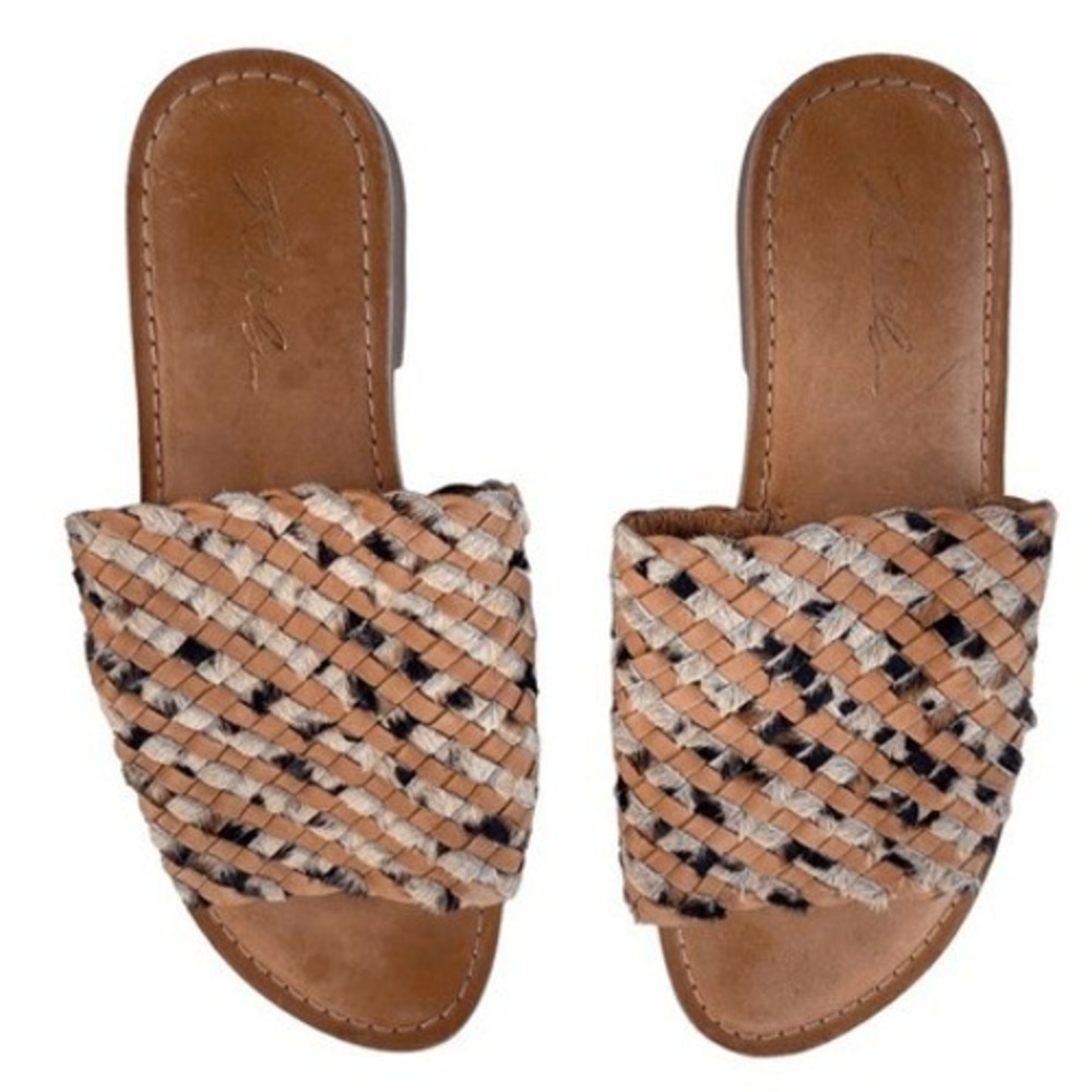 Rebel Woven Slide Sandals Womens 7 Tan Leather Calf Hair Boho Flat Slip On Shoes